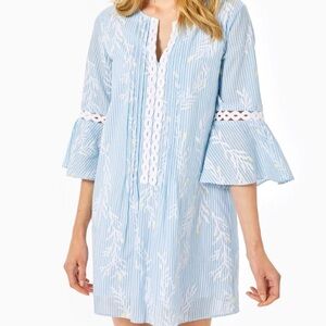 Lilly Pulitzer Hollie Tunic Dress Small Zanzibar Blue Women Bell Sleeves Striped